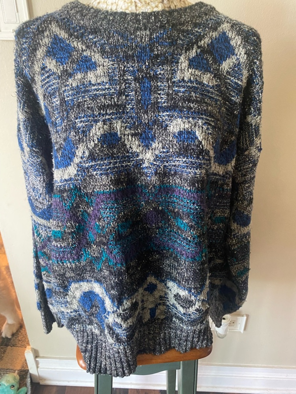 Vintage 90s Grandpa Core Cozy Multicolor Patterned Knit Sweater - Blue & Gray